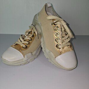 Lola Cruz Gold Mesh, Satin, Leather Chunky Heel Sneakers, Sz 36